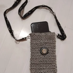 Gri El Örgüsü Mini Telefon Çantası | Çapraz Askılı Şık ve Pratik Tasarım