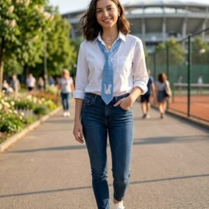 Mavi El Emeği Örgü Kravat | Beyaz Kedi Motifli Özgün Tasarım