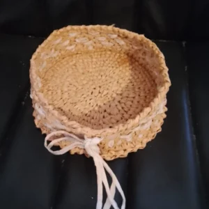 Naturel Bej Yuvarlak Örgü Dekoratif Sepet | Bağcıklı Bohem Tasarım