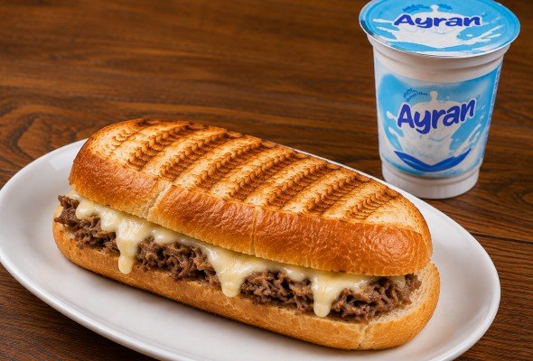 Yarım Ekmek Kavurmalı Kaşarlı Tost + Ayran
